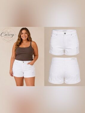 C Est. 1946 Denim Beachy Coastal White Distressed Size 16 Stretch Cuffed Shorts